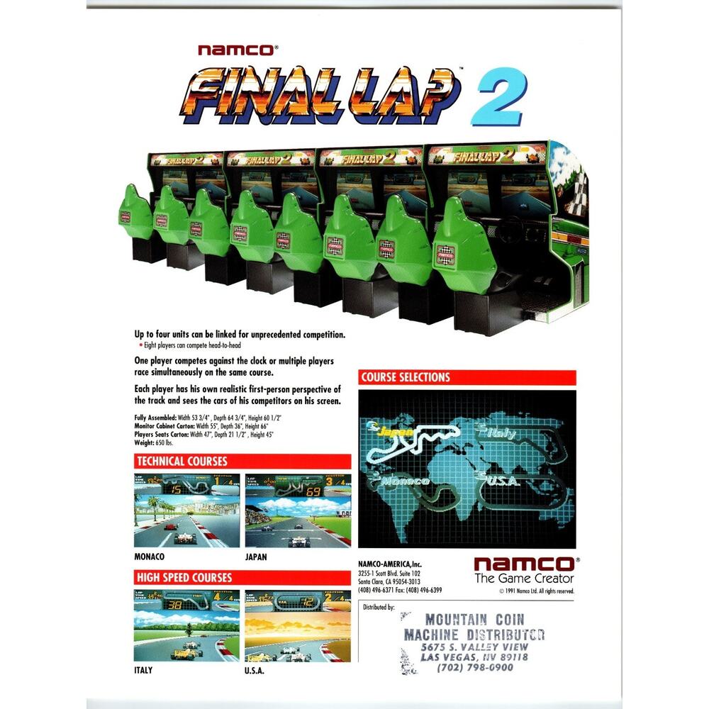 Final Lap 2 Arcade Game Flyer Original 1991 Vintage Retro Video 8.5" x 11"